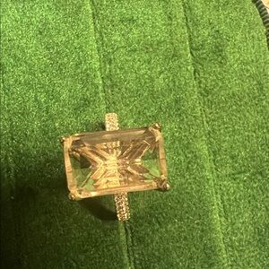 Elegant Silver ring large crystal quartz natural emerald cut ring size 7